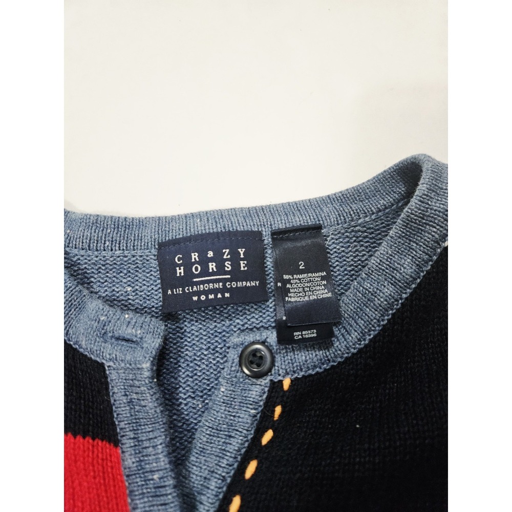 Liz Claiborne Crazy Horse Sweater Womans Size 2 Blue Red Striped Pullover - Picture 4 of 5